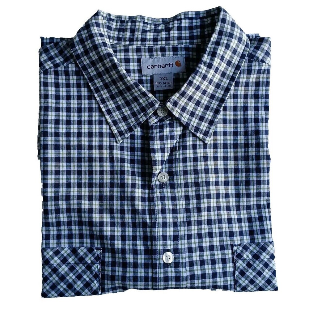 Carhartt Men's Short Sleeve Button Down  Plaid Shirt Size 2XL Blue/White/Green